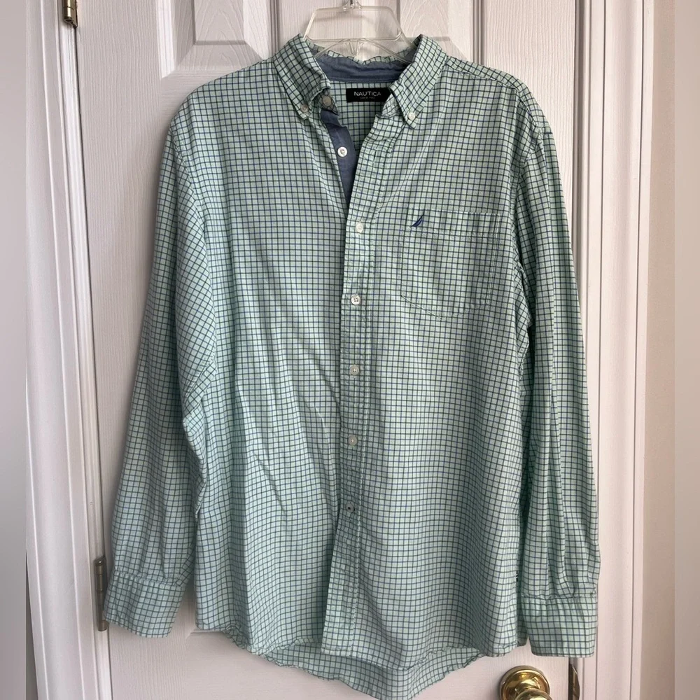 Nautica Long Sleeve Button Down Shirt Mens Medium Green Blue Plaid Check Coastal - Picture 3 of 11